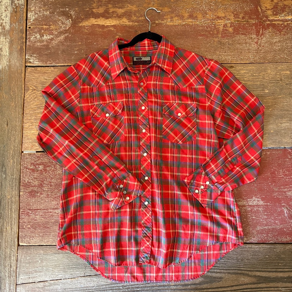 Vintage Pearl-Snap Red Plaid Men’s Shirt / Size XL